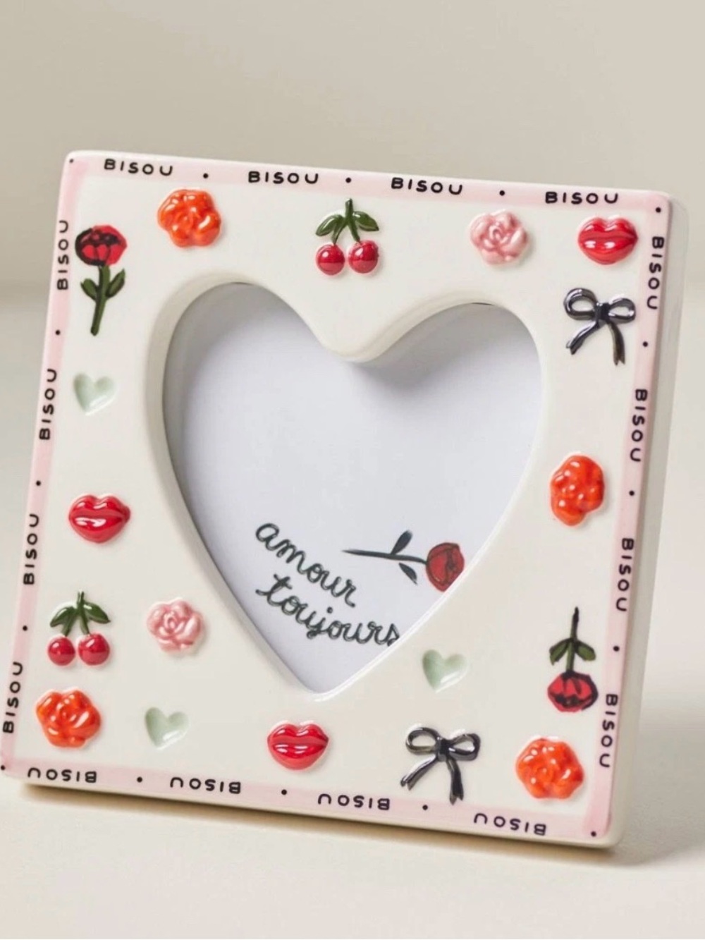 Anthropologie Pink Ceramic Heart Photo Frame with Cherries & Floral Accents